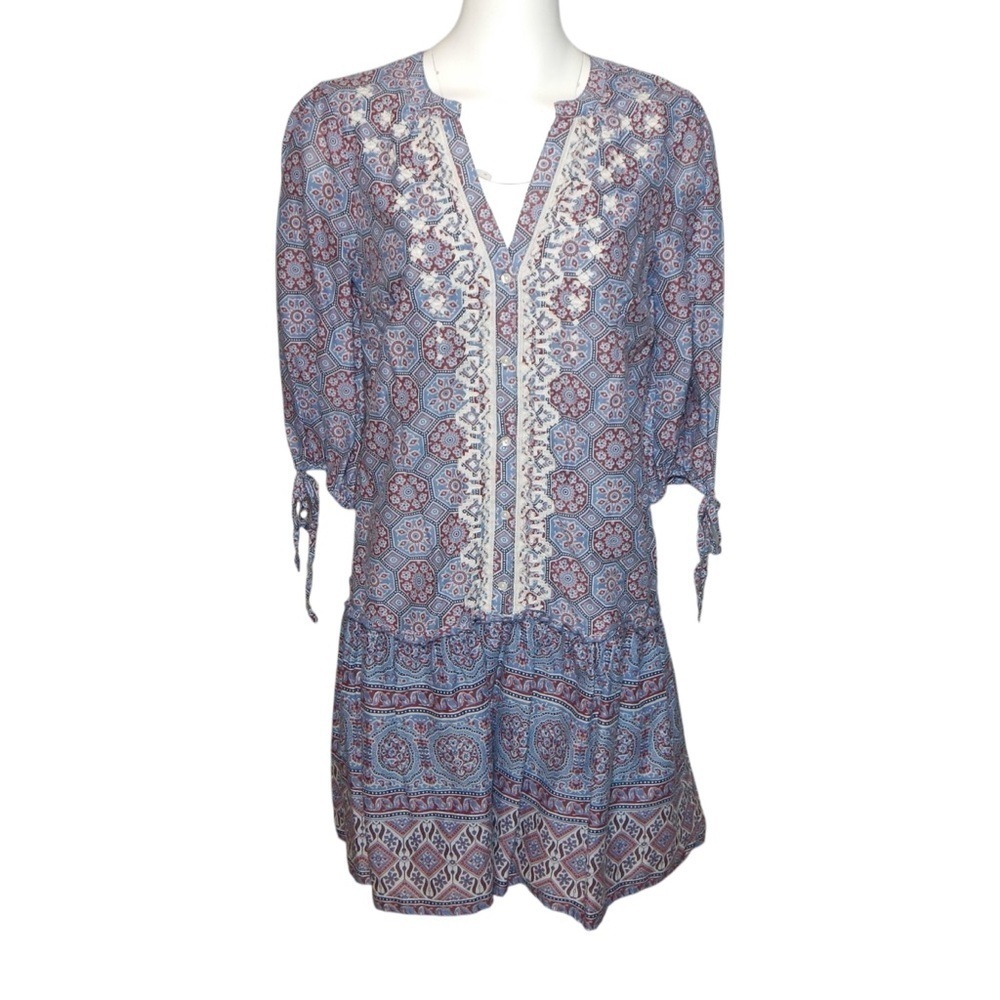 Sundance Zuri Discovery Embroidered Dress Size Small Blue Medallion Drop Waist